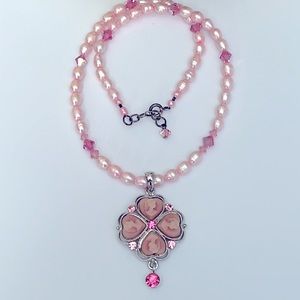 Vintage Pink Pearl Necklace With Crystal